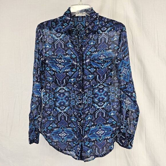 Equipment Femme Slim Signature Silk Blouse Button Up Size XS Geometric Blue - Picture 1 of 5